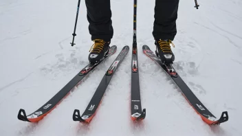 Et par langrennski med bindinger, stående oppreist i snøen.