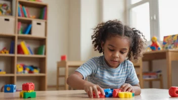 Et barn i aldersgruppen 5-10 år, som leker med leker eller lærer i et klasserom.