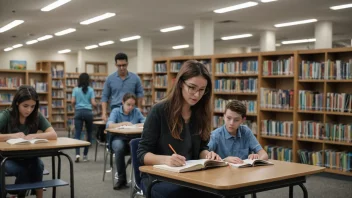 Et skolebibliotek med elever og en bibliotekar