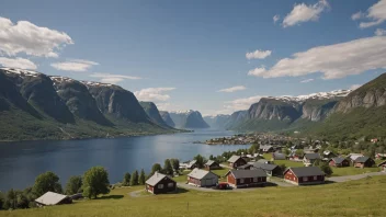 En pittoresk liten by i Norge med noen hus, en kirke og en lokal butikk.