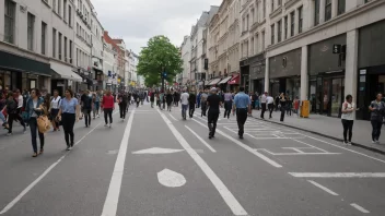 Et fotgjengerområde i en by med tydelig skilting og markeringer, mennesker går i området