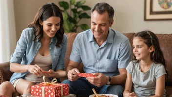 En familie samlet rundt et bord med en kake, gaver og kort, smiler og ler sammen.