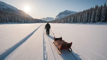 En person som drar en tradisjonell norsk sled, kalt en sla, i et vinterlandskap.