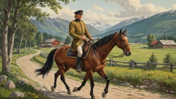 En historisk illustrasjon av en norsk postmann i uniform, med en postsekk og en vandrestav, mot en bakgrunn av rullende åser og fjell.