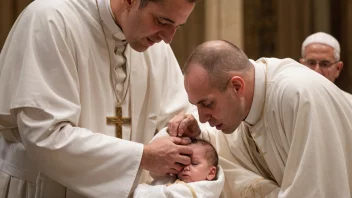 En barnedåpsseremoni med en baby som blir døpt av en prest i en kirke.