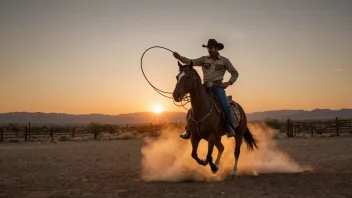 En cowboy som utfører et lassotricks på en hest, med en solnedgang i bakgrunnen.