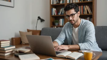 En person som studerer hjemme med bøker og laptop