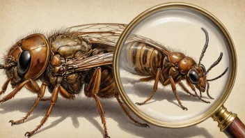 En illustrasjon av en insekteksuvie, med et forstørrelsesglass som viser de intrikate detaljene i den tomme huden.