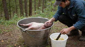 En person flår et dyr, med en kniv og en bøtte i bakgrunnen.