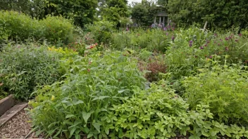 En hage med ugras som vokser blant blomstene og grønnsakene.