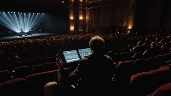 En person som sitter ved et lyskontrollpanel og justerer lysene på scenen.