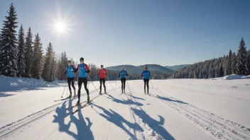 En gruppe langrennsløpere følger en leder, med en solrik vinterlandskap i bakgrunnen.