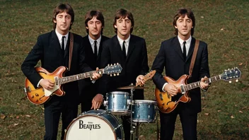 Beatles-medlemmene står sammen med sine musikkinstrumenter.