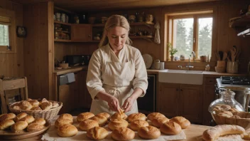 En kvinne i et koselig norsk kjøkken, omgitt av bakeutstyr og ingredienser, med et varmt smil på ansiktet mens hun tar ut en plate med nybakte kaker av ovnen.