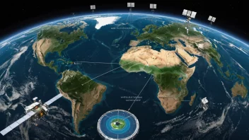 En illustrasjon av jorden med overvåkingssystemer og satellitter.