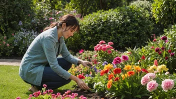 En person er avbildet mens de tar seg av en vakker hage med ulike blomster og planter.