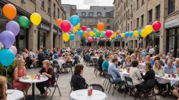 En festlig utendørs plass med mennesker som feirer