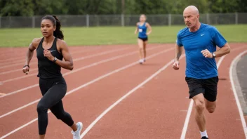 En person løper på en løpebane med en trener eller coach i bakgrunnen, som gir veiledning om korrekt løpestil.