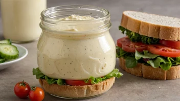 En jar med lettmajones på et bord med en sandwich og grønnsaker