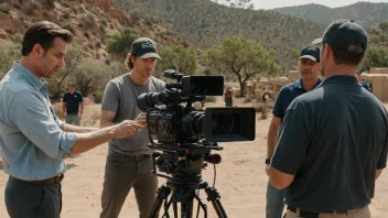 En filmsett med en regissør, kameramann og andre mannskap som jobber sammen for å fange en scene.