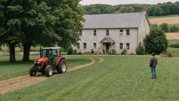 En gårdseier som står foran gården sin, med en traktor og åkre i bakgrunnen