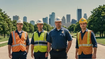 Kommunearbeidere i uniform, med en bypark eller bygning i bakgrunnen.