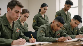 En gruppe unge voksne i militæruniform, som studerer og trener sammen, for å forberede seg på en karriere som offiserer i Forsvaret.