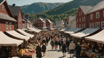 Et livlig marked i en norsk by, med mennesker som brows gjennom boder som selger ulike varer.