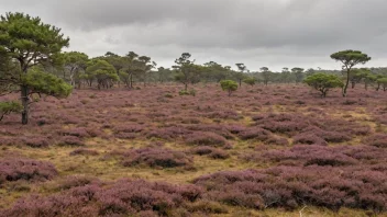 Et hedeområde med en blanding av lavvoksende vegetasjon og noen trær i bakgrunnen.