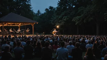 En fredelig aftenkonsertscene med en solomusiker som opptrer på en svakt opplyst scene.