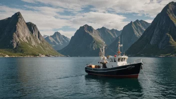 En fiskebåt i Lofoten, med et bakgrunn av fjell og sjø.