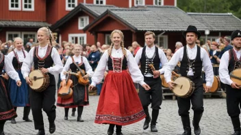 En levende scene av mennesker som feirer norsk kultur gjennom musikk og dans.