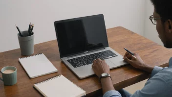 En person som jobber som skribent, sitter ved et skrivebord med en laptop og notatbok