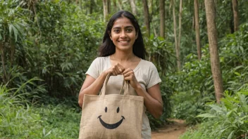 En person som bærer en jutebærepose med et smilende ansikt, omgitt av natur