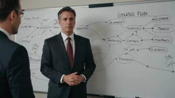 En forretningsperson i dress, stående foran en whiteboard med en strategisk plan tegnet på den.