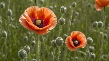 En mohnplante med fargerike blomster og karakteristiske frø.