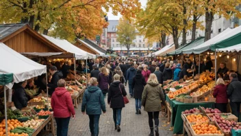 Et livlig høstmarked i Norge med boder som selger lokale varer, håndverk og mat. Mennesker i alle aldre browsar og handler.