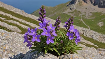 En vakker lyngklyngeplante med lilla blomster, som vokser på en steinete fjellside.