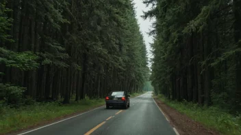 En skogsbilveg med trær på begge sider og en bil som kjører på den