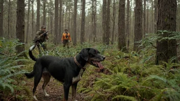 En jaktlig hund i en skog, med en jeger i bakgrunnen