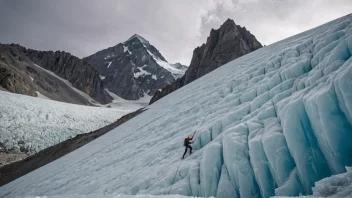 En person som klatrer på en isbre med et åndeløst fjellandskap i bakgrunnen