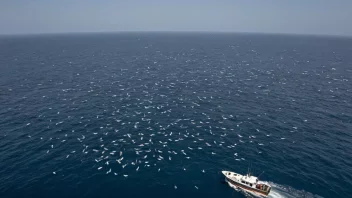 En fiskebåt i havet, omgitt av en skole fisk.