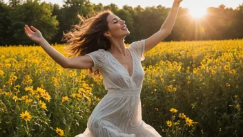 En kvinne som danser i en blomstereng, med solen skinnende i bakgrunnen.