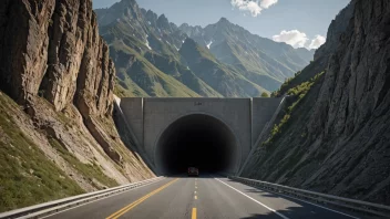 En sekundærtunnel med en vei som går gjennom den, omgitt av fjell.