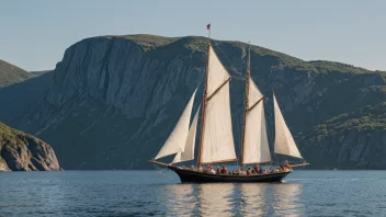 En tradisjonell norsk færingsbåt som seiler på en rolig sjø med en naturskjønn kystlinje i bakgrunnen.