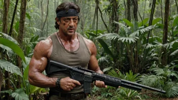 Sylvester Stallone som Rambo, i en jungel-setting.