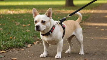 En hundesnor med en hund festet til den, i en park eller utendørs.