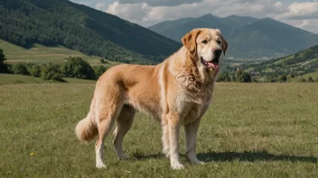 En eurasierhund som står i en åker med et fjellrikt landskap i bakgrunnen.