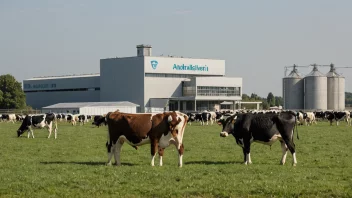 En stor meierigård med kuer som beiter i åkeren og en stor bygning i bakgrunnen med en skilt som sier 'Andelsmeieri'