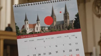 En kalender med en rød sirkel rundt en bestemt dato, med en kirke eller en helgen i bakgrunnen.